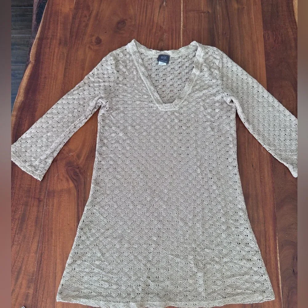 ELIF for Jordan Taylor Loose Knit Crochet Gold Long Sleeve Beach Coverup Medium